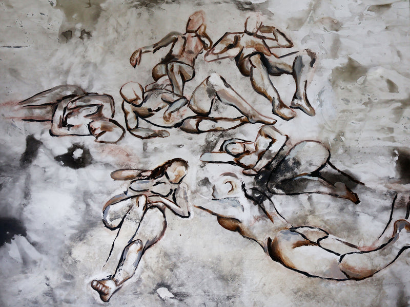 Artistic depiction of human figures in various poses on a textured surface.